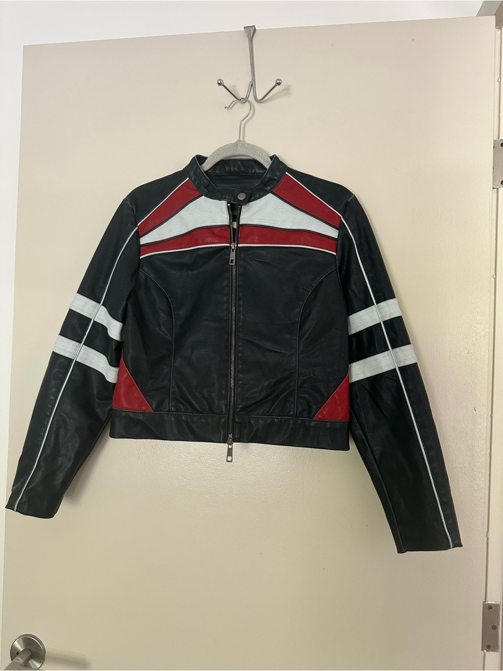 wild fable Black Leather Moto Jacket with Red and White Panels